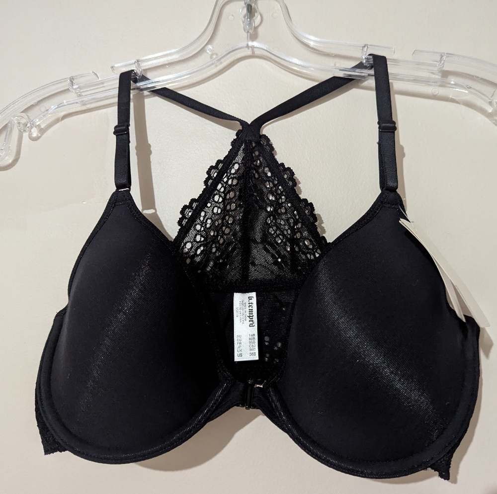 B.Tempted Black & Lace Racer Back Front Closure Bra 36B New with Tags